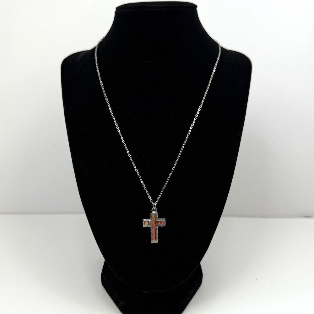 Iridescent Enamel Silver Tone Cross Pendant Necklace Religious Jewelry 10 in L